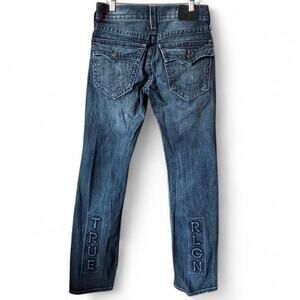 True Religion Straight Leg Jeans Distressed Medium Wash Embroidered Logo Sz 30